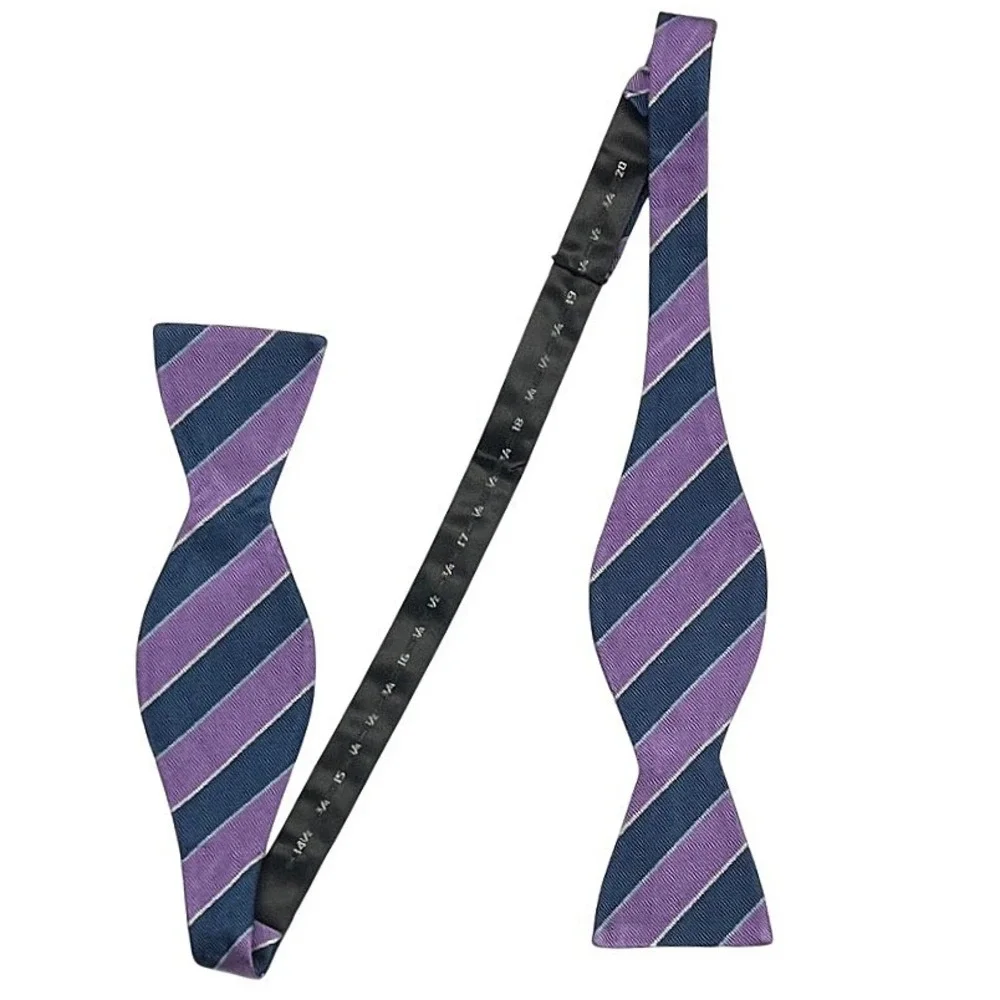 Buttoned Down Mens Purple Navy Blue Striped 100% Silk Bow Tie Adjustable EUC